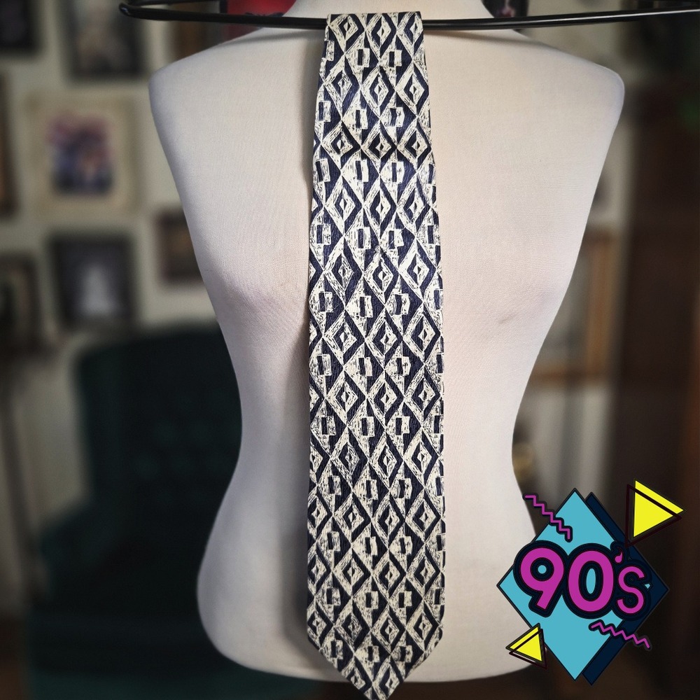 Structure Silk Tie Vintage 90s Blue White Geometric Diamond Pattern Deadstock